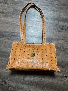 MCM Cognac Visetos Logo tote Shoulder Bag with Gold Plaque